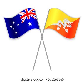 Australian and Bhutanese crossed flags. Australia combined with Bhutan isolated on white. Language learning, international business or travel concept.