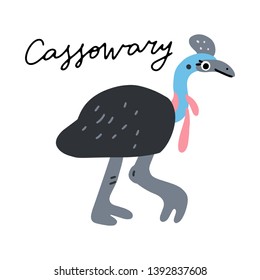 Australian bird Cassowary vector illustration clipart. Kids design poster. 
Wild mammal drawing in scandinavian style. Handwritten lettering. Exotic wildlife. 