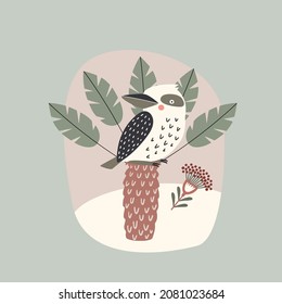 ave australiana kookaburra en palmera, ilustración vectorial en estilo plano de caricatura