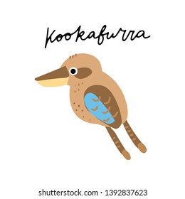 Australian Bird Kookaburra vector illustration clipart. Kids design poster. 
Wild mammal drawing in scandinavian style. Handwritten lettering. Exotic wildlife. 