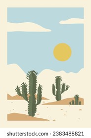 Australian bush, cloudy weather poster illustration. Aesthetic sunny desert landscape.