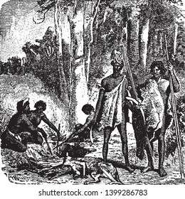 Australian Camp which is an aborigine camp, vintage line drawing or engraving illustration.