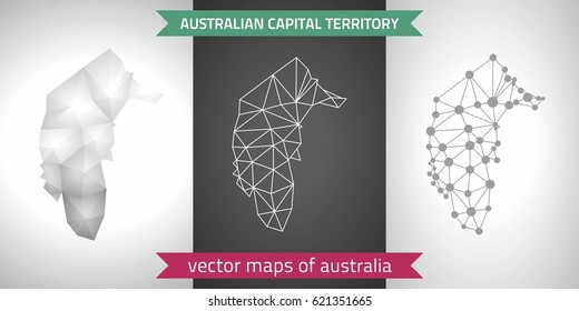 Australian Capital Territory set of grey and silver mosaic 3d polygonal maps. Graphic vector triangle geometry outline shadow perspective maps