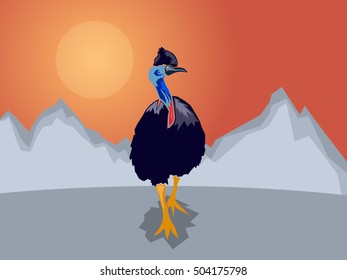 Australian Cassowary on a stylized mountain background, Vector illustration