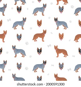Australian cattle dog all colours seamless pattern.  Different coat colors and poses set.  Vector illustration svg
