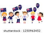 Australian children with flags and balloons. graphic design to the Australia holidays