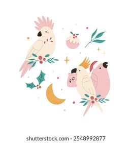 Cartão de Natal australiano com personagens de papagaios de cacatua. Ilustração de férias festivas, Design.
