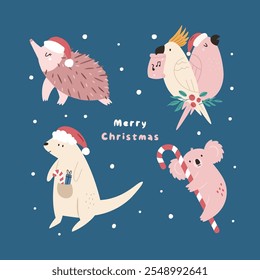 Australian Christmas Greeting Card with Echidna, Koala, Kangaroo, Cockatoo Parrot Characters. Festive Holiday Illustration, Design.
