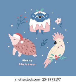 Cartão de Natal australiano com Echidna, Koala, Personagens de Cockatoo. Ilustração de férias festivas, Design.
