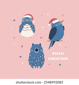 Australian Christmas Greeting Card with Wombat, Kookaburra, Penguin Characters. Festive Holiday Illustration, Design.
