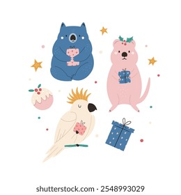 Cartão de Natal australiano com Wombat, Quokka, Personagens de papagaio de cacatua. Ilustração de férias festivas, Design.