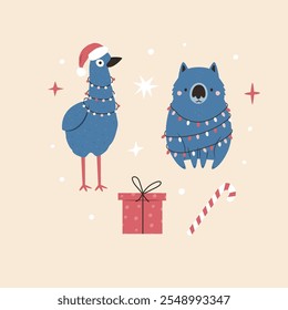 Australian Christmas Greeting Card with Wombat, Emu Characters. Festive Holiday Illustration, Design.
