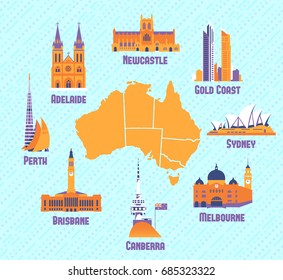 Australian cities. Icons of Melbourne,Brisbane,Canberra,Gold Coast,Newcastle ,Sydney,Perth,Adelaide and australian map. Vector illustration set.