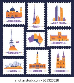 Australian cities. Icons of Melbourne,Brisbane,Canberra,Gold Coast,Newcastle ,Sydney,Perth,Adelaide and australian map. Stylization post stamps. Vector illustration set.