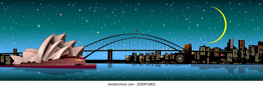 Australian City Of Sydney. The Stars And The Moon Are Shining In The Night Sky. The City Is Lit Up With Colorful Lights.