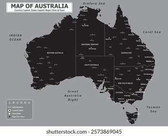 Australian Countries Geography Political map. Political map of country with capital, province or state capital, major cities and town.