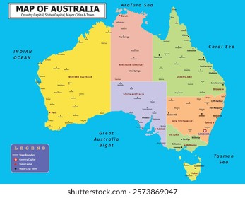 Australian Countries Geography Political map. Political map of country with capital, province or state capital, major cities and town.