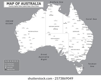 Australian Countries Geography Political map. Political map of country with capital, province or state capital, major cities and town.