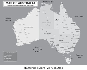 Australian Countries Geography Political map. Political map of country with capital, province or state capital, major cities and town.