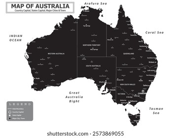 Australian Countries Geography Political map. Political map of country with capital, province or state capital, major cities and town.