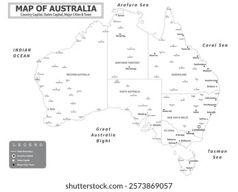 Australian Countries Geography Political map. Political map of country with capital, province or state capital, major cities and town.