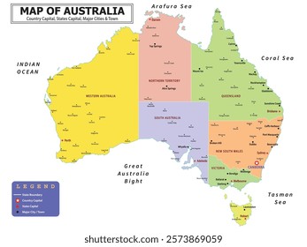 Australian Countries Geography Political map. Political map of country with capital, province or state capital, major cities and town.