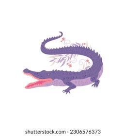 Australian crocodile predatory reptile in creative decorative style, flat vector illustration isolated on white background. Crocodile mascot in whole body.