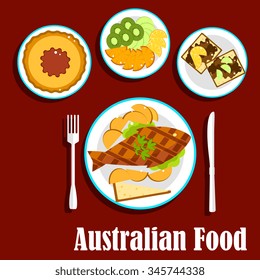 Australian cuisine dishes with fish and chips, meat pie with tomato sauce, fruit salad with slices of apple, orange, kiwi and lemon fruits, toasts with brown australian food pasta