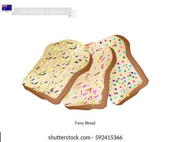 Australian Cuisine, Fairy Bread or Traditional Sliced Bread Decorated with Sprinkles or Colored Candies. One of Tha Most Popular Dessert of Australia.