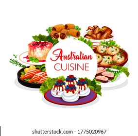 Australian cuisine food dishes menu, Australia traditional meals and pastry. Australian veal meat, lamb in puff pastry, crumpled rosemary potatoes, chicken wings barbecue and Anzac cookies