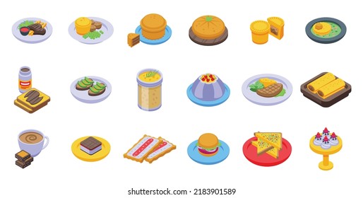 Australian cuisine icons set isometric vector. Cake dish. Breakfast apple