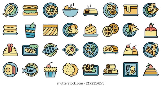 Australian Cuisine Icons Set Outline Vector. Cake Breakfast. Dish Fish