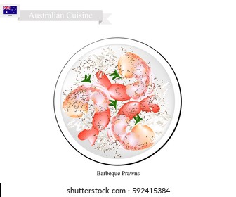 Australian Cuisine, Illustration of Traditional Barbecued Prawns or BBQ Garlic Prawns. One of Most Popular Dish in Australia.
