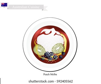 Australian Cuisine, Peach Melba or Traditional Vanilla Ice Cream with Peach Fruits and Raspberry Sauce. One of Most Popular Dessert in Australia.