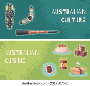 Australian culture and cuisine two banners with aborigine accessories and national food dishes cartoon vector illustration