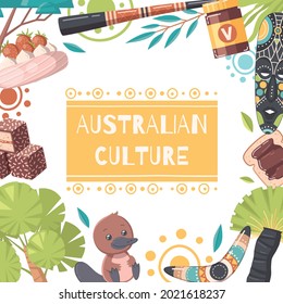 Marco plano de la cultura australiana consistente en la antigua máscara didjeridoo boomerang vegemite lamington iconos de dibujos animados ilustración vectorial