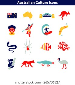 Australian Culture Icon Set. Colorful National Signs And Landmarks