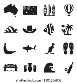 Australian Culture Icons. Black Flat Design. Vector Illustration. 