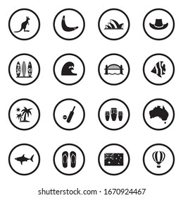 Australian Culture Icons. Black Flat Design In Circle. Vector Illustration.