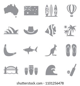 Australian Culture Icons. Gray Flat Design. Vector Illustration. 