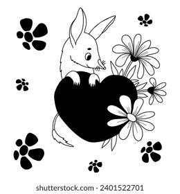 Australian cute animal bilby with heart and flowers. Valentine enamored character. Vector hand drawing doodle. Kids collection