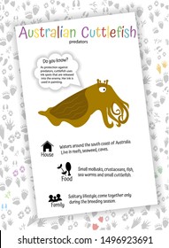 Australian cuttlefish. Educational card for children, kindergarten, home schooling. Learning English, Zoology