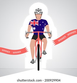 Australian cyclist in front view crossing red finish line vector isolated illustration