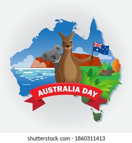 Australian day greeting card with kangaroo and koala background