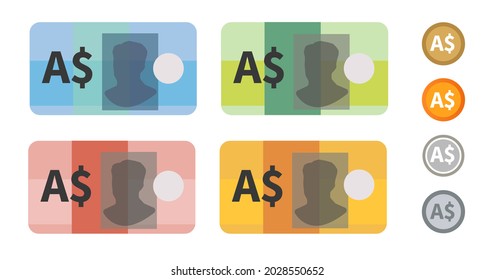 Australian Dollar Australia bank notes currency icon set collection paper money and coin 