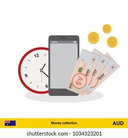 Australian dollar banknote. Time is money concept vector illustration.