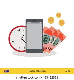 Australian Dollar banknote. Time is money concept vector illustration.