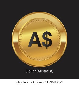 Logo de la moneda australiana en moneda de oro.  ilustración vectorial sobre fondo negro aislado. Adecuado para materiales impresos, diseño web, aplicaciones móviles e infografías, afiches, proyectos.