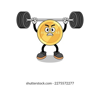 australian dollar mascot cartoon lifting a barbell , character design