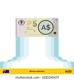 Australian dollar rising as a rocket. Increase of Australian dollar on international financial markets. Australian dollar banknote.